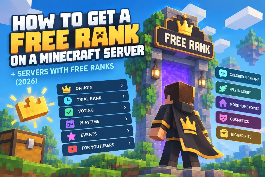 Free Minecraft rank guide cover: a player in a black-and-gold crown cape stands before a "Free Rank" portal, with ways to get a rank (on join, trial rank, voting, playtime, events, for YouTubers) and perks like a colored nickname, /fly and bigger kits.