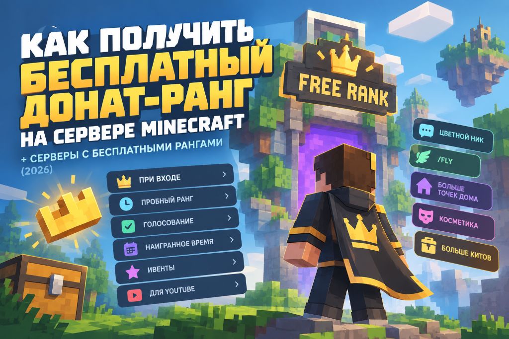 Обложка гайда по бесплатным рангам в Minecraft: игрок в чёрно-золотом плаще с короной стоит перед порталом «Free Rank», слева способы получить ранг (при входе, пробный ранг, голосование, наигранное время, ивенты, для YouTube), справа бонусы — цветной ник, /fly, больше китов.