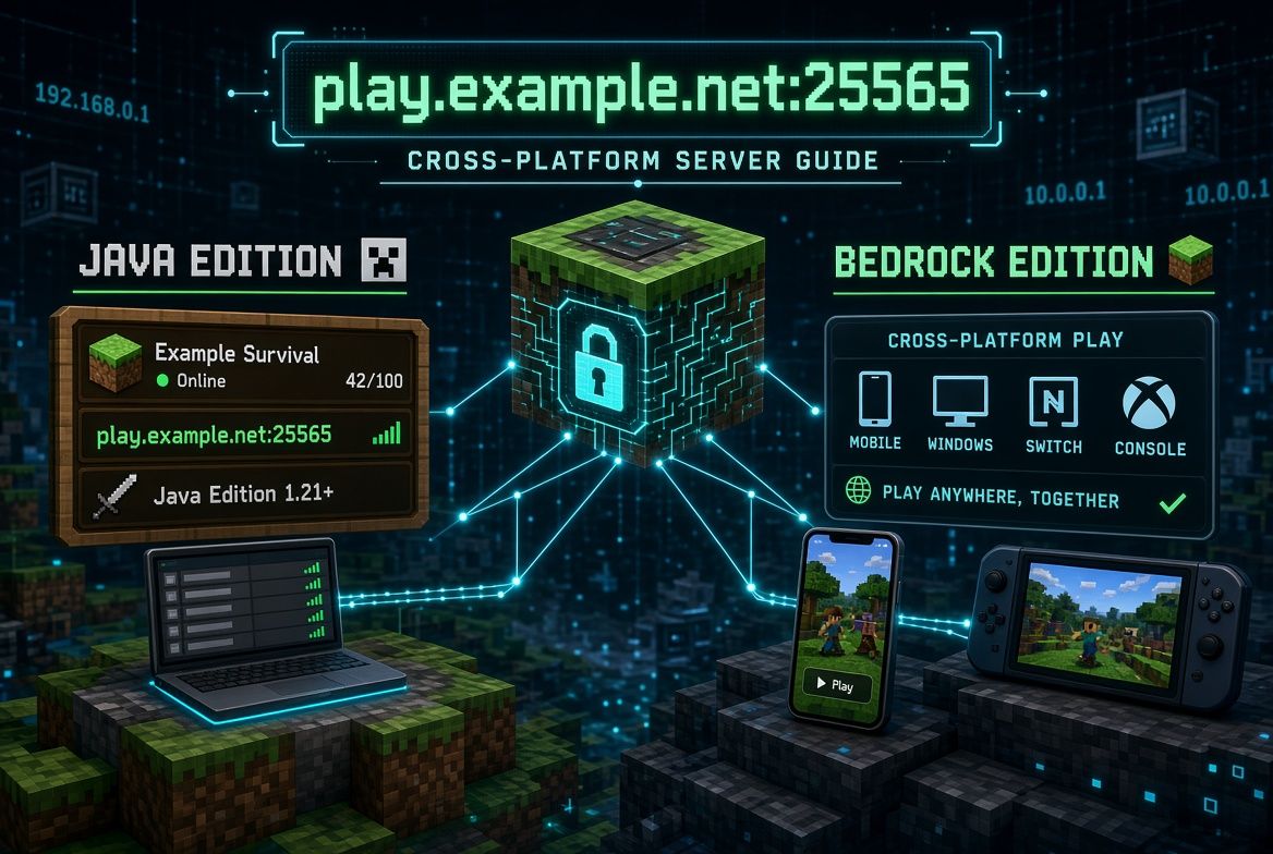 Иллюстрация к гайду по IP серверов Minecraft: адрес play.example.net:25565 над карточкой Java-сервера и устройствами Bedrock Edition, на фоне — локальные IP вроде 192.168.0.1.