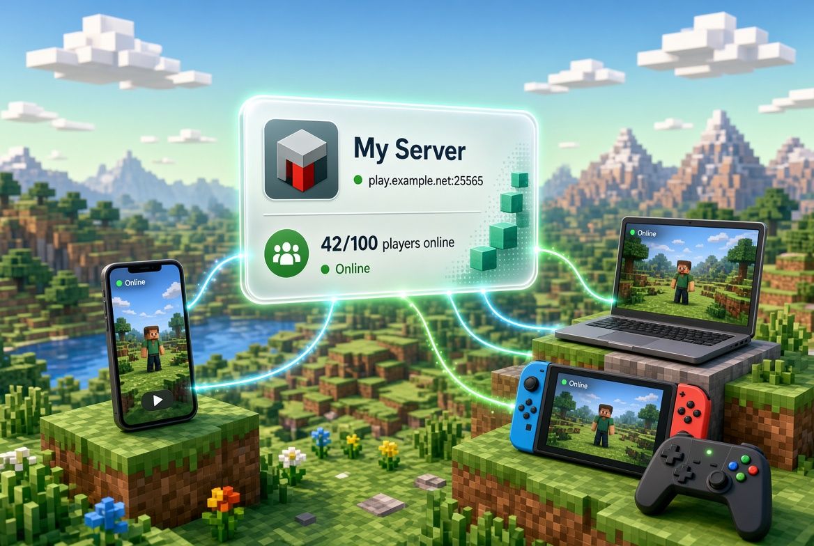 Your own Minecraft server: a "My Server" card with the address play.example.net:25565 and 42/100 players online, connected to a phone, laptop, Nintendo Switch and gamepad over a blocky Minecraft landscape.