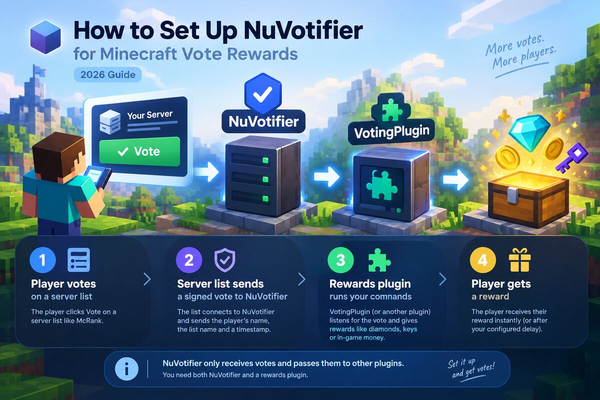 NuVotifier setup guide cover: a Minecraft player clicks Vote on a server list, the vote travels to a NuVotifier server and the VotingPlugin rewards plugin, and ends in a chest of diamonds, coins and keys — four steps: player votes, the list sends a signed vote, the plugin runs your commands, the player gets a reward.