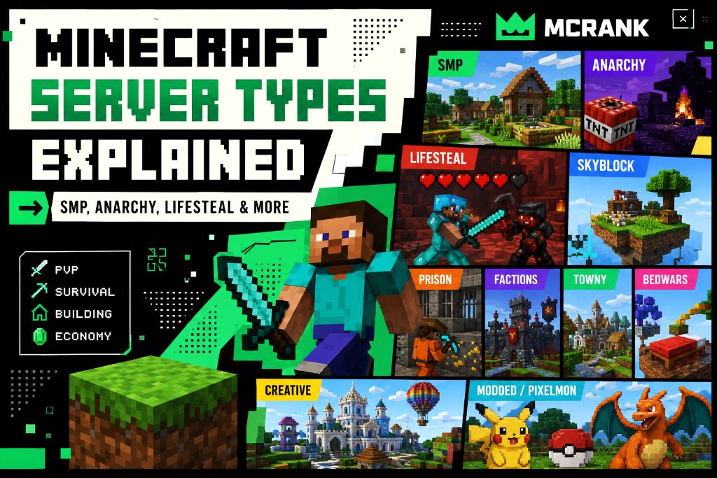 Illustration showcasing different Minecraft server types including SMP, Anarchy, Lifesteal, SkyBlock, Bedwars, and Creative.