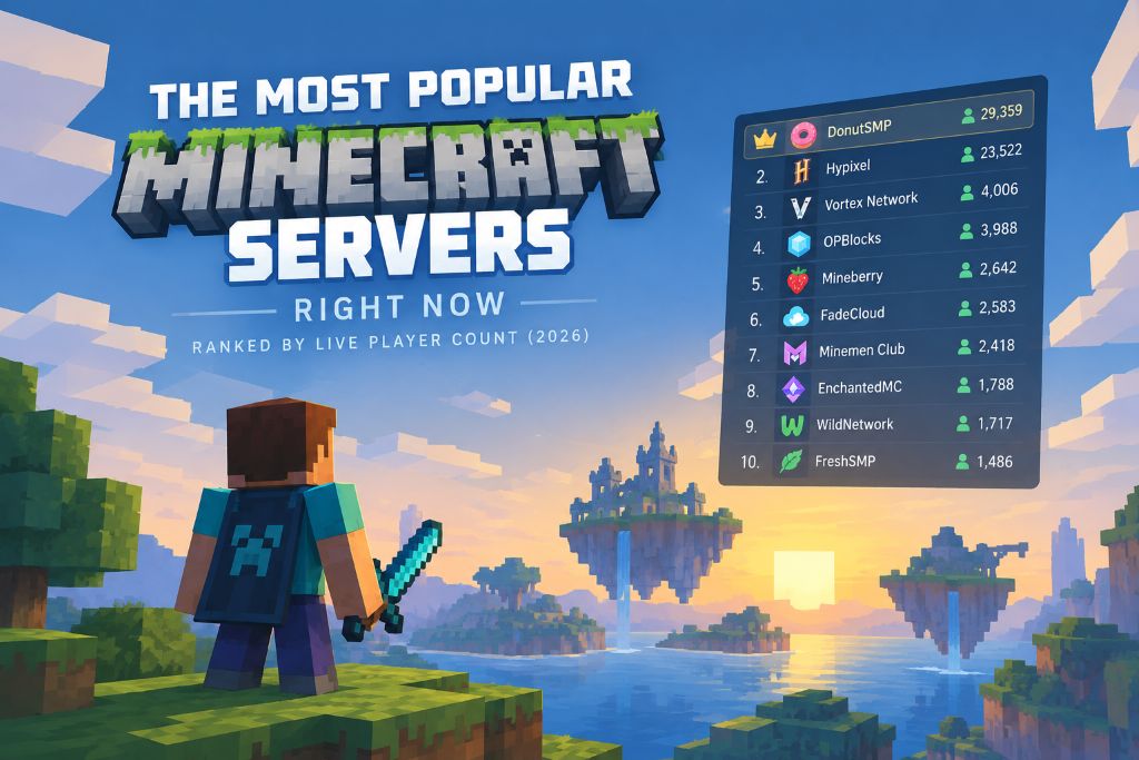 Portada del ranking de los servidores de Minecraft más populares: un jugador con una espada de diamante mira islas flotantes al atardecer, junto a una tabla top 10 encabezada por DonutSMP (29.359 jugadores) e Hypixel (23.522).